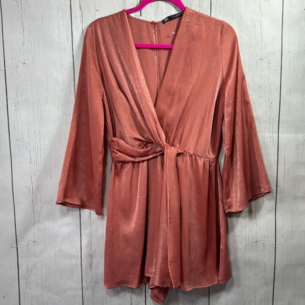 Zara Wrap Romper Rose Pink Bell Sleeve Surplice V Neck Size S